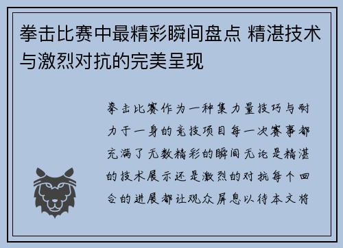 拳击比赛中最精彩瞬间盘点 精湛技术与激烈对抗的完美呈现