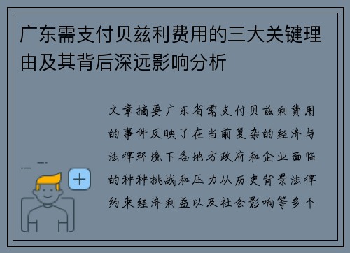 广东需支付贝兹利费用的三大关键理由及其背后深远影响分析